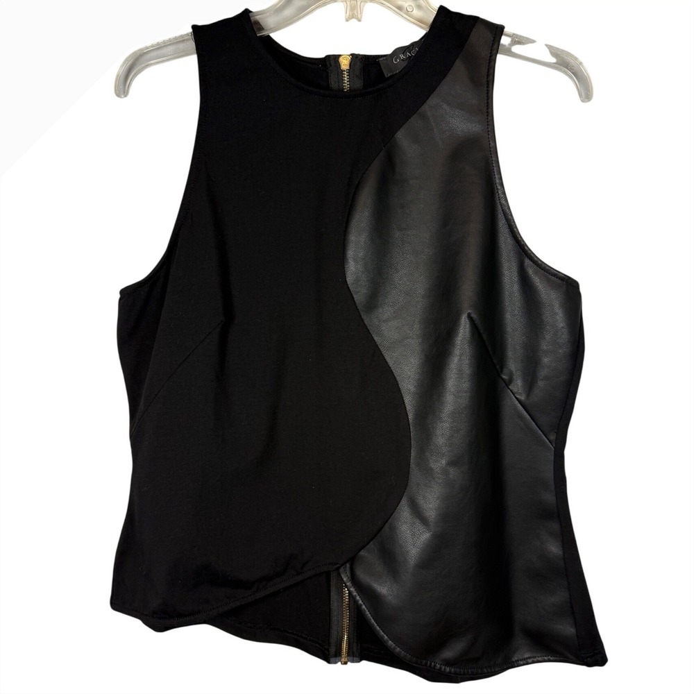 Gracia Womens Black Faux Leather Mixed Media Sleeveless Full Zip Back Top L